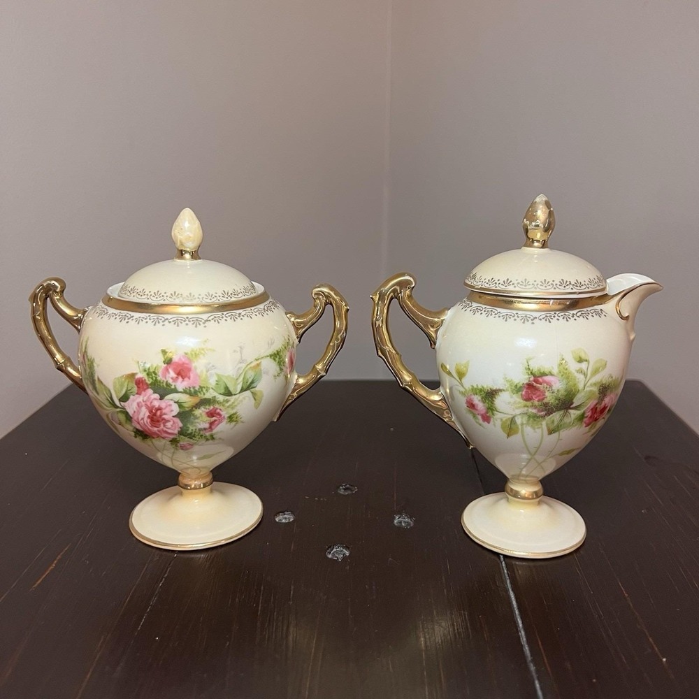 Antique RS Prussia Red Mark Cherub Roses Footed Creamer & Sugar Bowl Set EUC